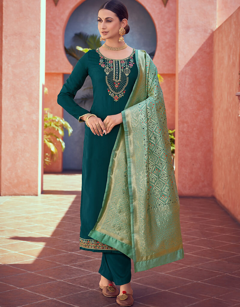 Blue Tussar Satin Butti Pant Suit for Women | Elegant Indian Ethnic Wear | Perfect for Weddings, Festivals & Special Occasions