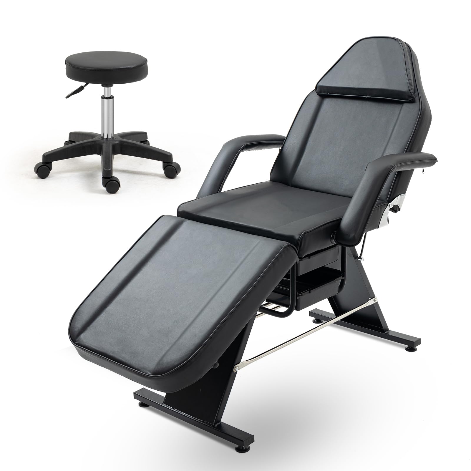 Professional Adjustable Hydraulic Esthetician Bed with 2 Trays - Folding Salon Massage Bed for Facial, Lash & Beauty Treatments - Includes Stool - Perfect for Spa, Clinic & Home Use (Black, Wide)