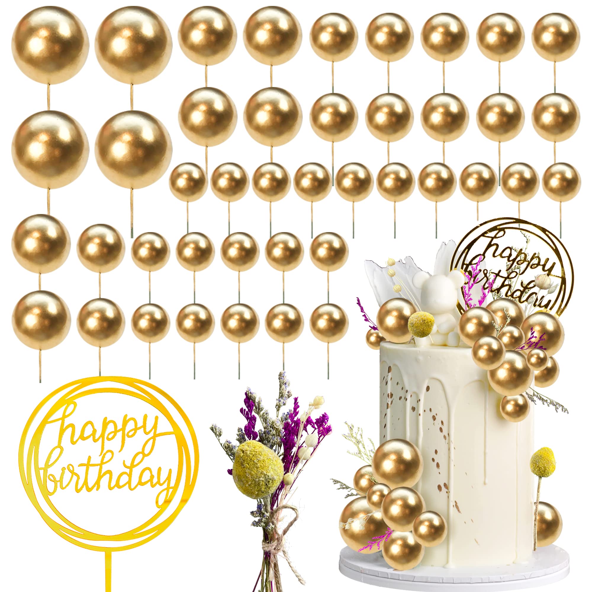 44 PCS Mini Foam Cake Balls Decorations - DIY Pearl & Artificial Dried Flower Cake Toppers for Wedding, Anniversary, Baby Shower & Birthday Parties (Gold) | Perfect for Cupcake, Dessert Table & Cake Decorating