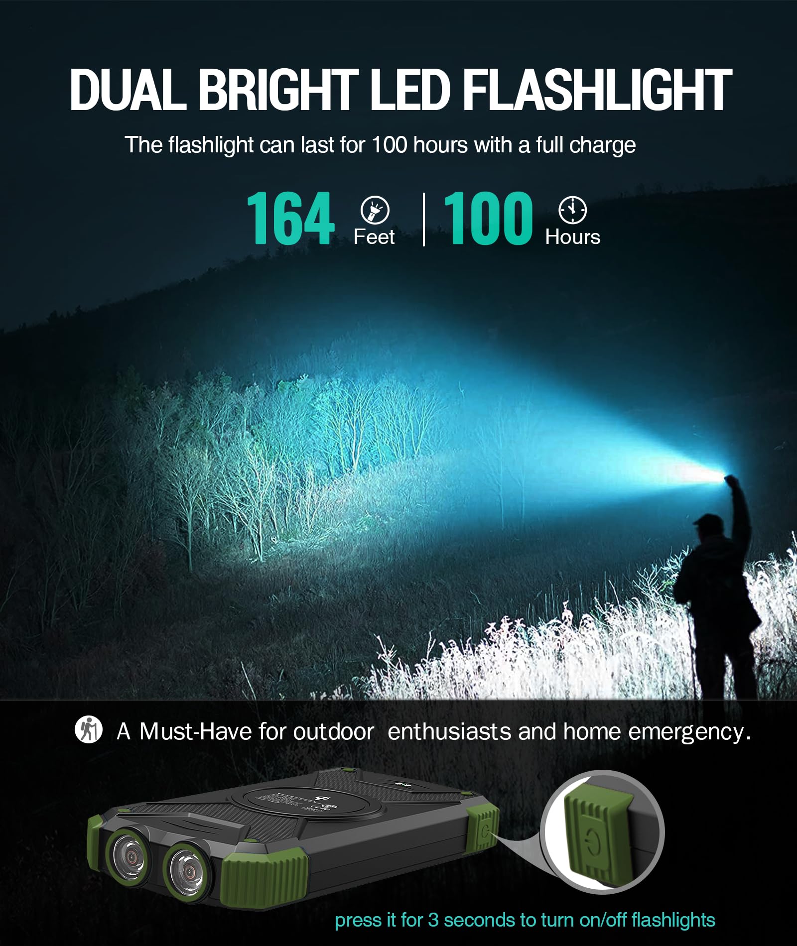 BLAVER 10,000mAh Solar Power Bank with Wireless Charging & 20W Fast Charge | Portable External Battery Pack with USB-C for iPhone, Samsung | Solar Panel Charger with Dual Flashlights for Camping, Hiking & Outdoor Adventures