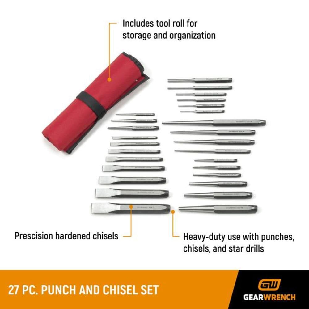 GEARWRENCH 27-Piece Large Chrome Punch & Chisel Set (82306) – Professional Tool Kit for Metalworking, Woodworking & Automotive Repair