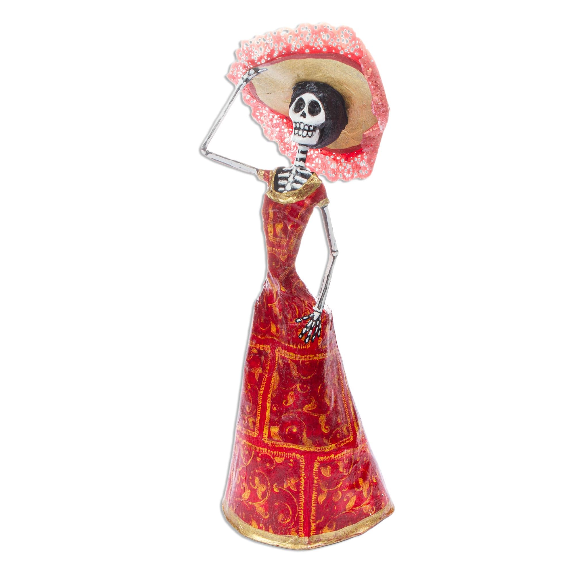 Authentic Mexican Papier Mache Sculpture 'Catrina in Red' | Handcrafted Cultural Art | Home Decor & Gift Idea for Day of the Dead Celebration