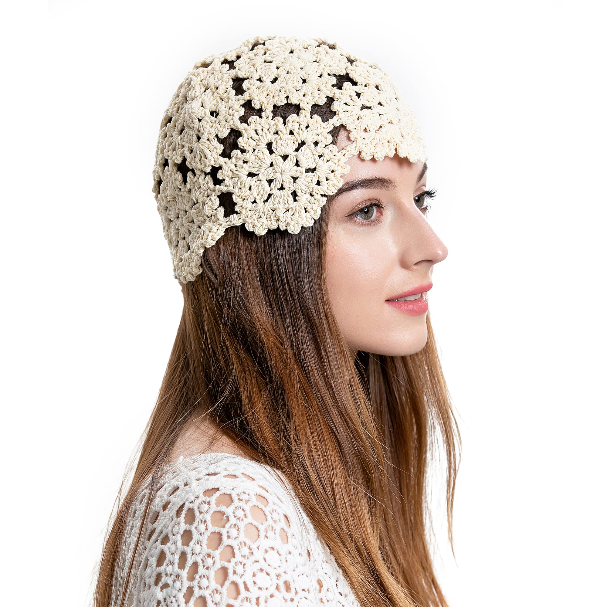 ZLYC Women's Cotton Crochet Skull Cap - Handmade Knit Floral Beanie Hat with Cutout Design for Winter Fashion & Outdoor Activities