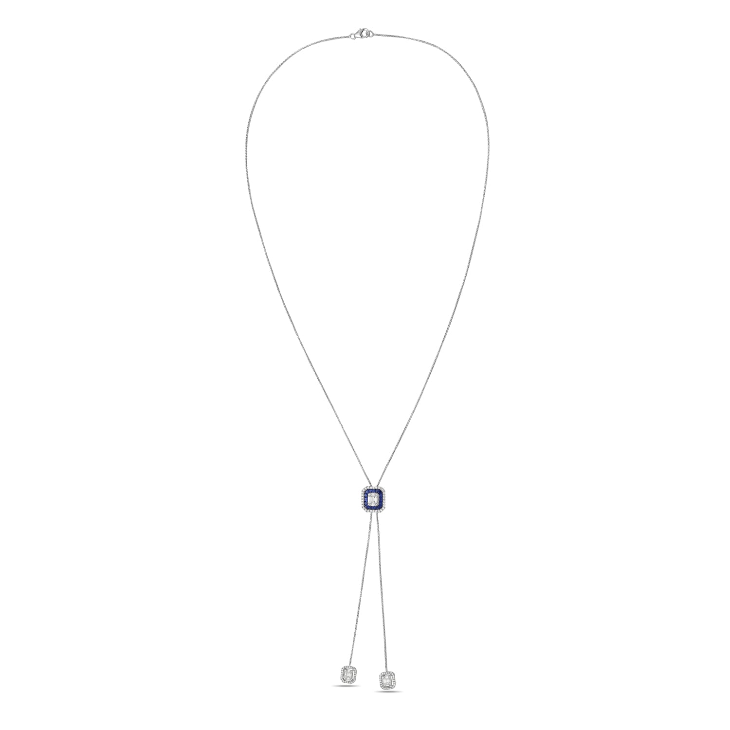 Exquisite 18K White Gold Channel Set Blue Sapphire and Pave Diamond Designer Necklace | Elegant Jewelry Gift for Women | Perfect for Weddings, Anniversaries & Special Occasions