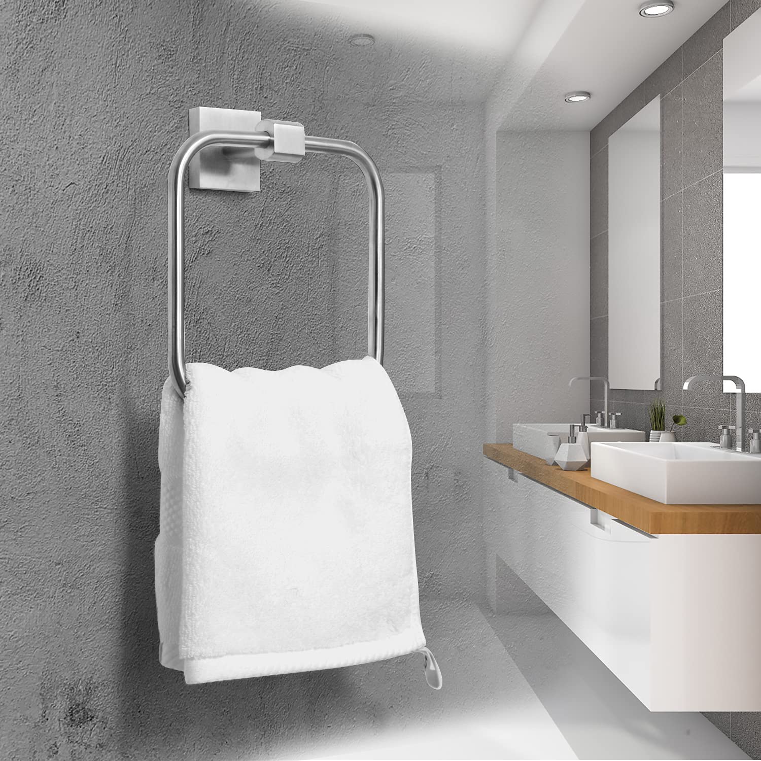 HouseAid Brushed Nickel Square Hand Towel Ring - Stainless Steel Wall Mounted Towel Holder for Bathroom - Perfect for Kitchen, Guest Bath & Laundry Room Organization