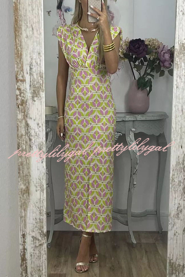 Forever Here Printed Padded Shoulder Front Center Slit Midi Dress - Elegant Floral Summer Dress for Women, Perfect for Parties, Weddings & Casual Outings