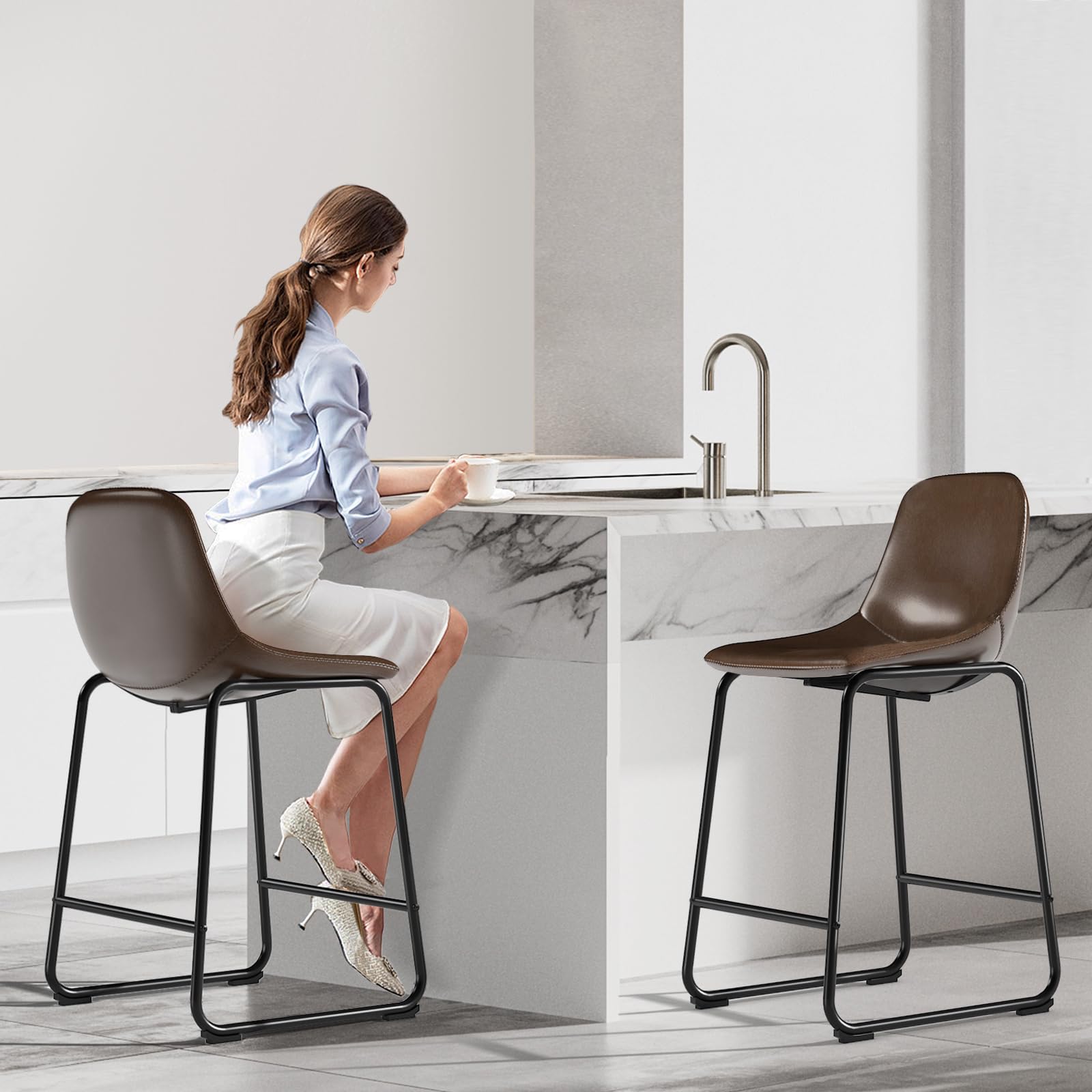 TAVR 24 Inch Counter Height Bar Stools Set of 2 - 500 lbs Weight Capacity, Armless Metal Leg Bar Chairs with Soft Backrest for Kitchen Island, Coffee Shop, Restaurant & Home Bar - Brown Modern Stools for Dining & Entertaining