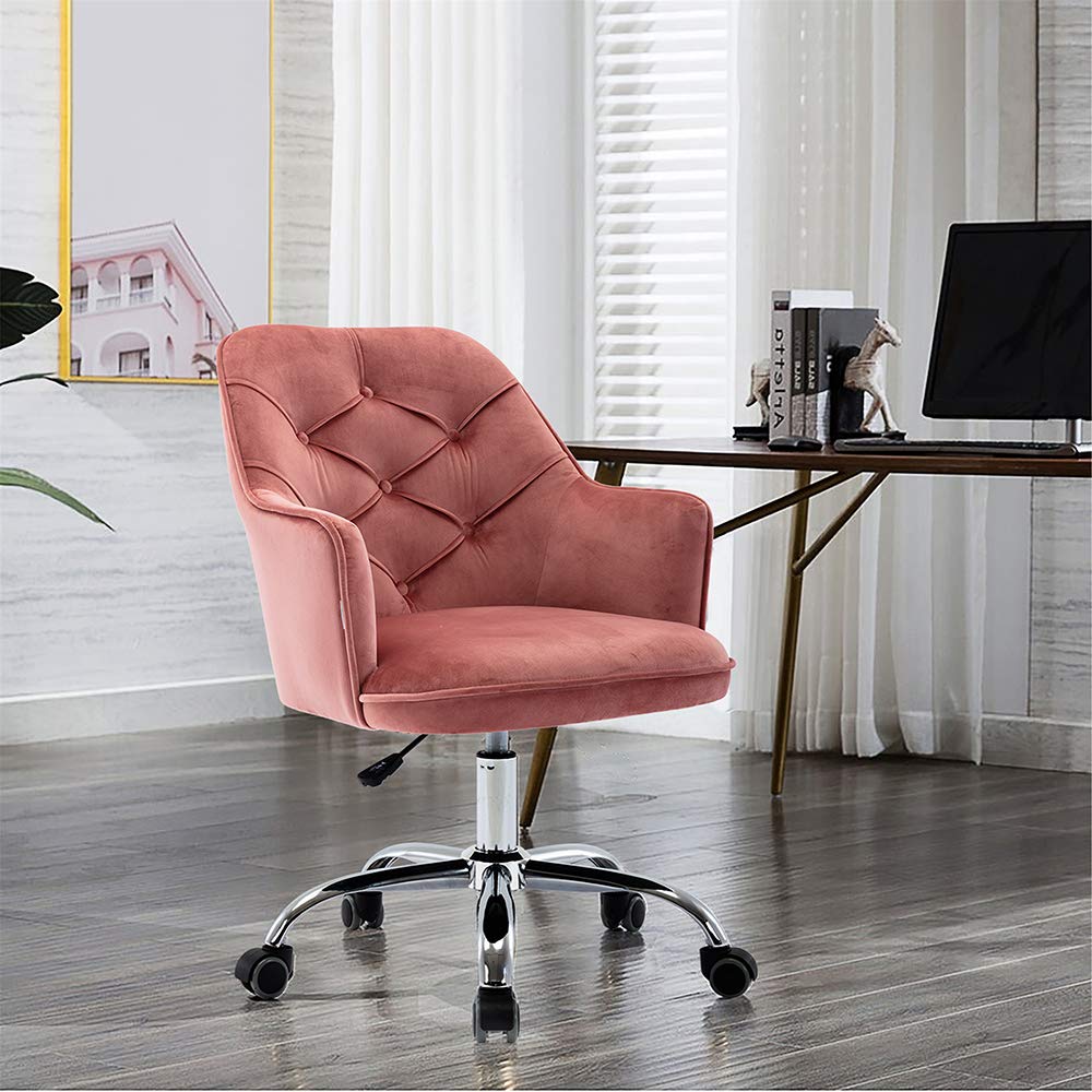 Modern Velvet Swivel Desk Chair - Mid-Back Office Computer Chair with Wheels, Upholstered Leisure Chair for Home, Living Room & Vanity - Elegant Pink Velvet Fabric (Perfect for Girls, Women & Home Office Workspace)
