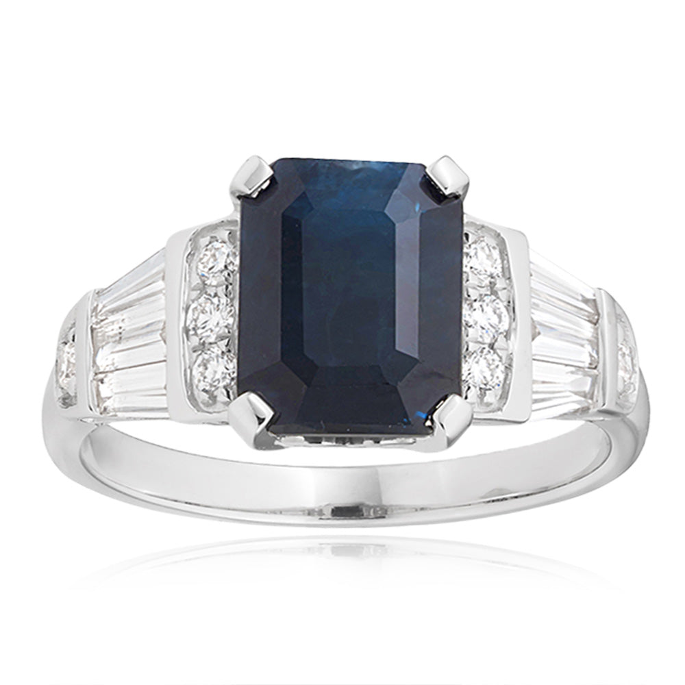 18K White Gold Natural Black Sapphire 3.00ct Emerald Cut Ring with 0.50ct Diamond Accents - Perfect for Engagement, Anniversary & Special Occasion Jewelry Gifts
