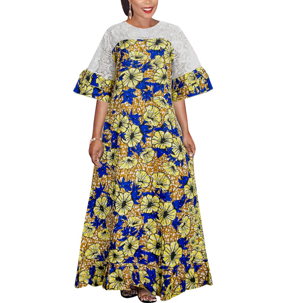 Stylish African Wax Print Maxi Dress for Women - Floral Embroidery & Lace Detail - Perfect for Summer Parties, Beach Vacations & Cultural Events
