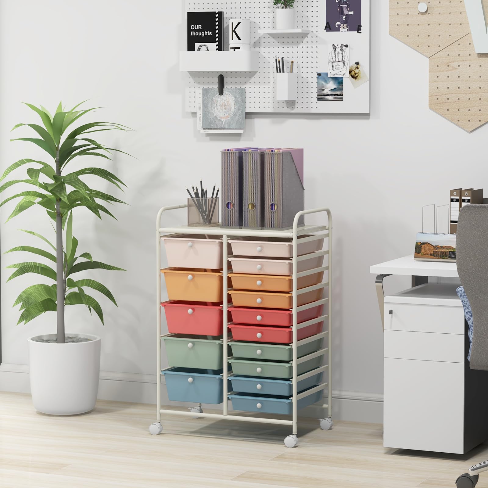 HAPPYGRILL 15-Drawer Rolling Storage Cart with Wheels - Mobile Organizer for Office, School, Craft Room & Home - Perfect for Office Supplies, Art Materials, Tools & Paper Organization