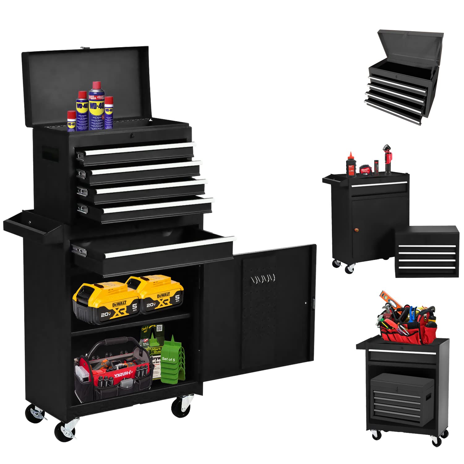 5-Drawer Rolling Tool Chest & Cabinet - Heavy Duty Garage Storage Organizer with Wheels & Lock, Portable Detachable Tool Box for Workshop, Warehouse, Auto Repair & Home DIY (Black)
