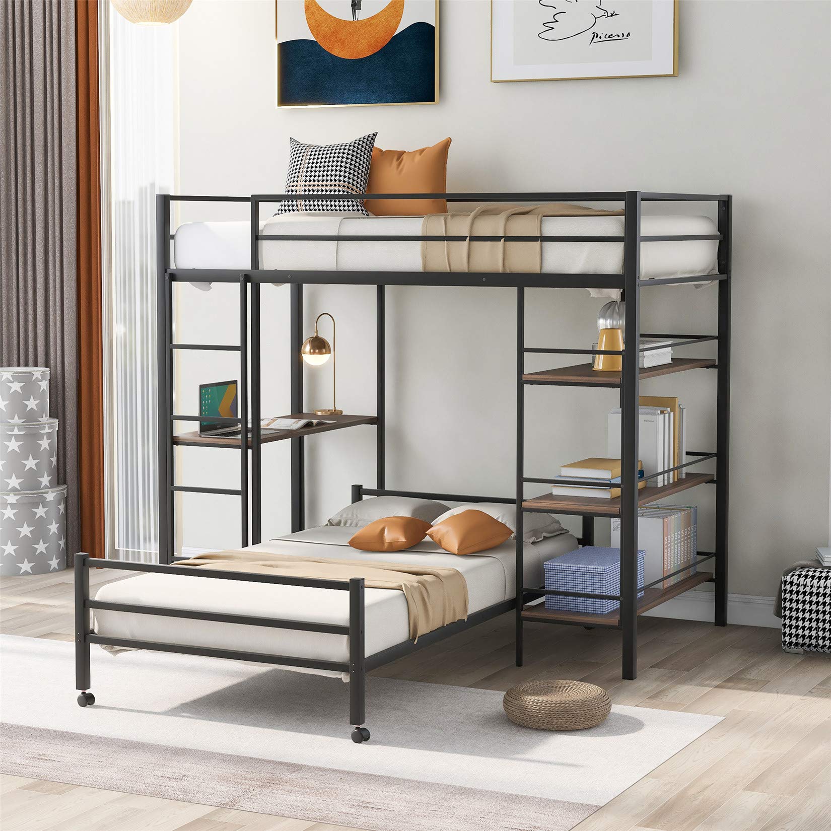 Sturdy Metal Bunk Bed with Built-in Desk & Shelves - Twin Over Twin Loft Bed with Ladder & Safety Rails - Perfect for Kids Bedroom, College Dorm, Small Spaces - Durable Black Metal Frame for Study & Sleep