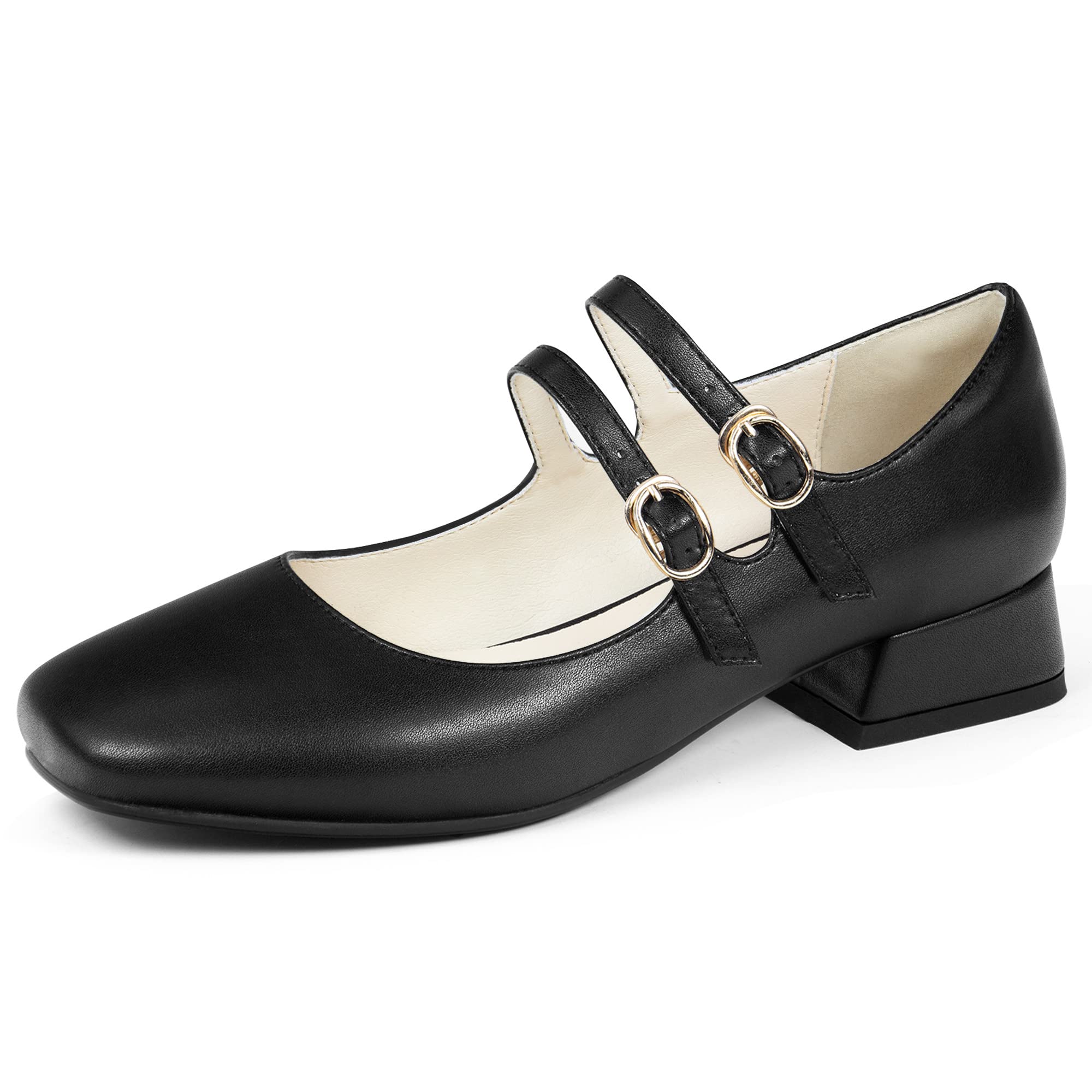 Women's Mary Jane Square Toe Flats - Double Ankle Strap Dressy Shoes with Chunky Block Low Heel | Comfortable & Elegant Casual Shoes for Work, Office & Everyday Wear
