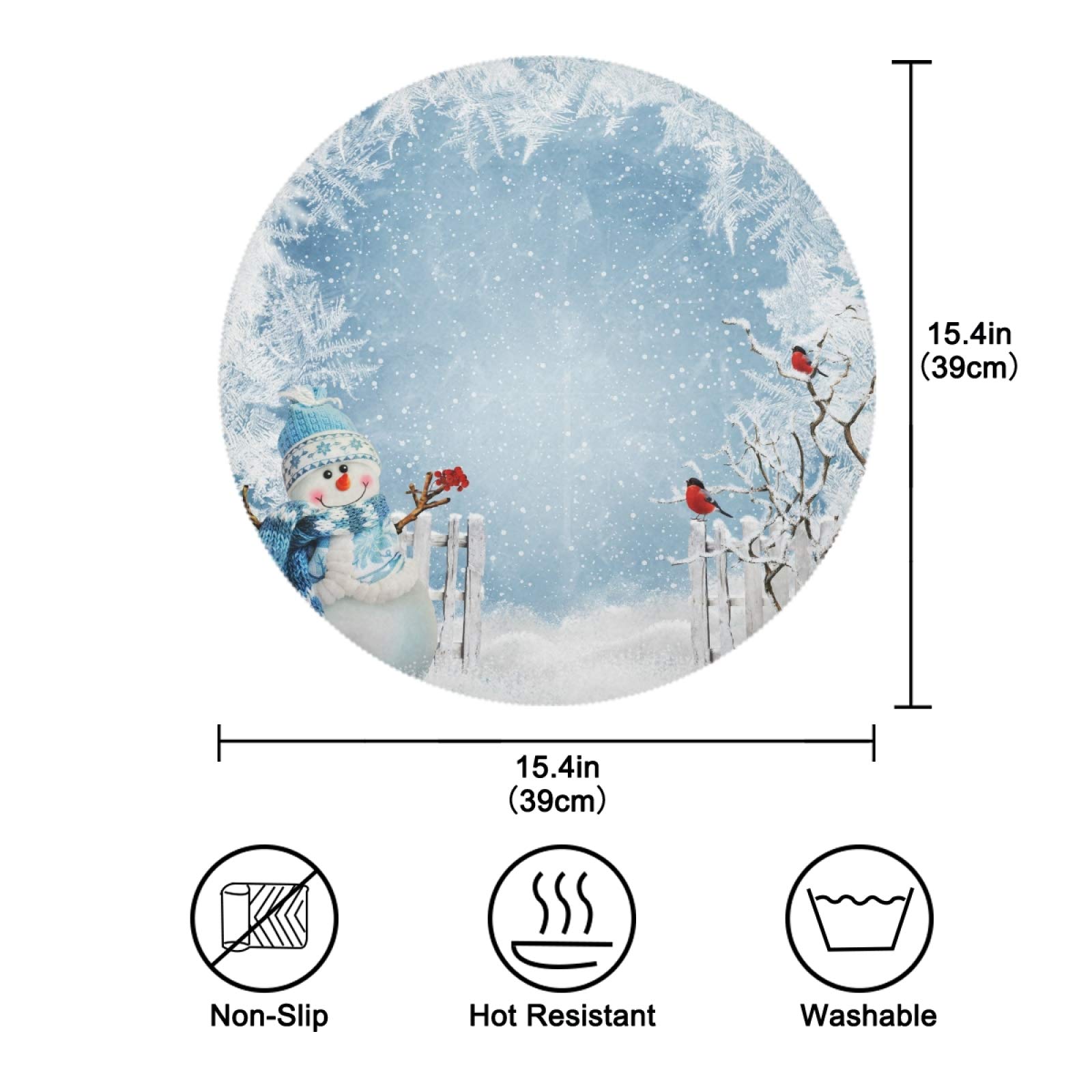 Christmas Snowman Round Placemats Set of 4 - 15 Inch Winter Holiday Table Mats with Red Truck & Cardinals Birds Design - Perfect for Kitchen Dining, Dinner Parties, Kids Holiday Celebrations & Festive Home Decor