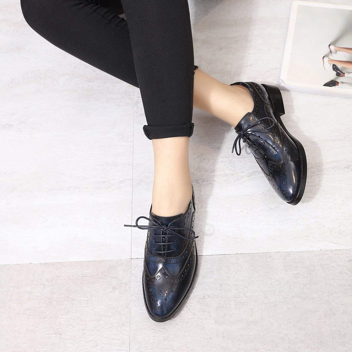 Women's Leather Wingtip Oxford Shoes - Perforated Brogue Lace-Up Design for Ladies | Stylish & Comfortable for Work, Office, and Casual Outfits