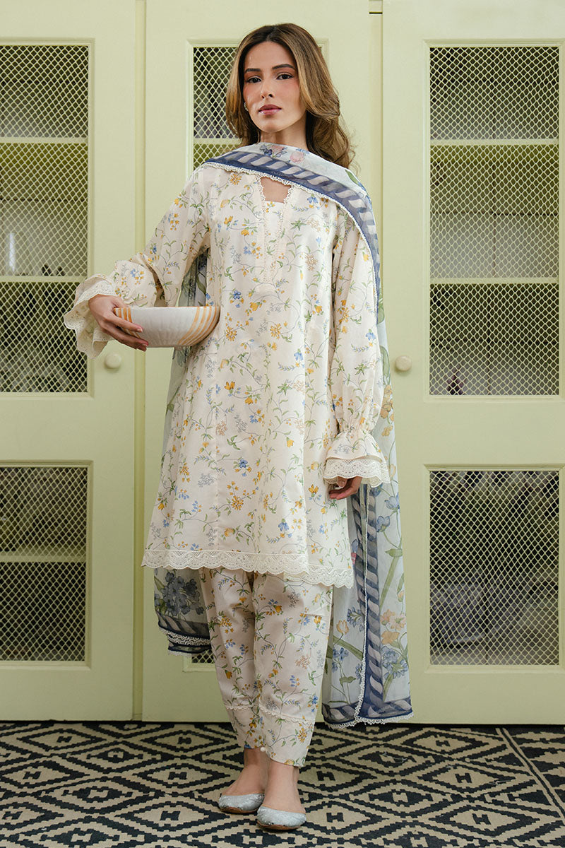 IVORY AURA 3 PC PRINTED LAWN SUIT | Floral Embroidered Women's Formal Dress Set | Perfect for Weddings, Parties & Special Occasions