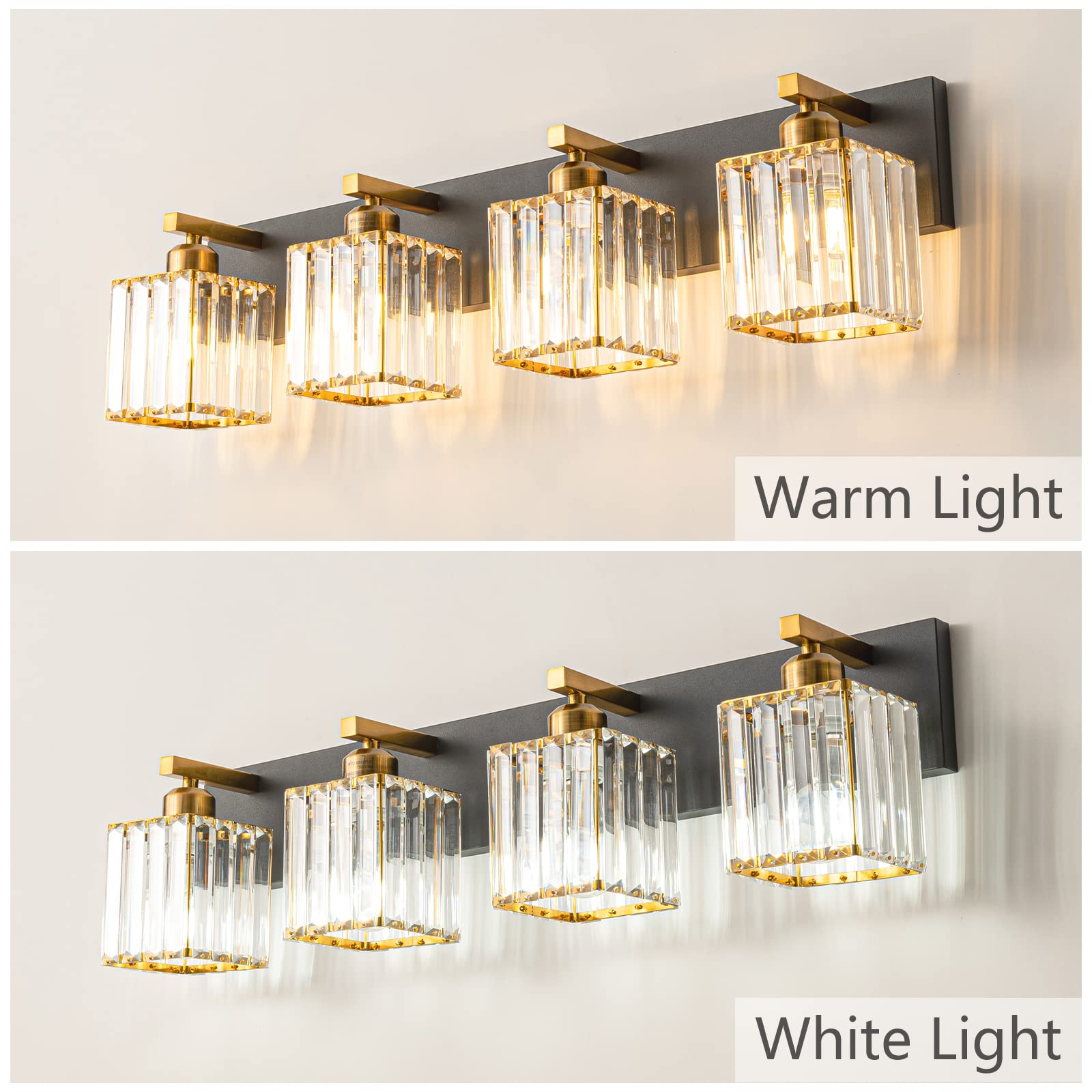 Modern Black Gold Crystal Bathroom Vanity Light - 4-Light Wall Sconce Fixture for Bathroom Mirror Lighting, Makeup Vanity, Dressing Room & Spa Decor