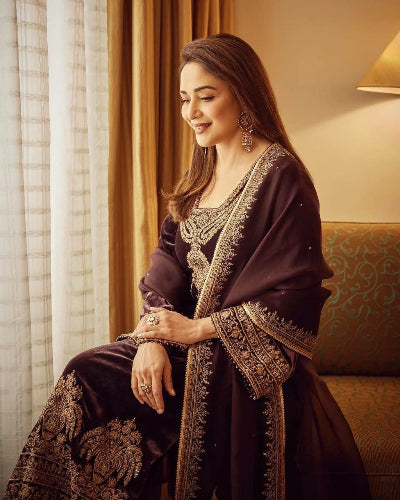 Mocha Brown Chinon Silk Embroidered Palazzo Suit Set for Women - Elegant Indian Ethnic Wear for Weddings, Parties & Festive Occasions
