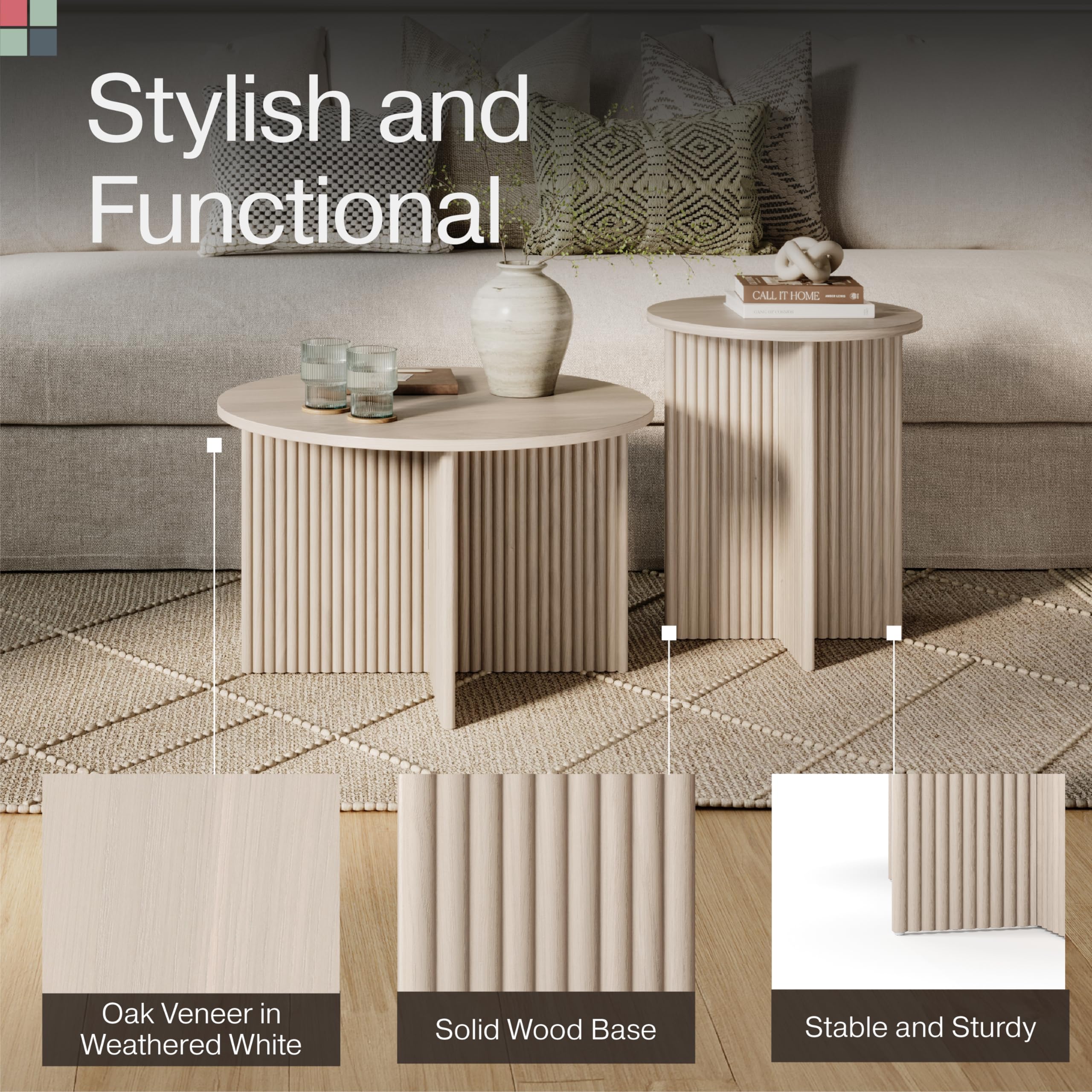 Round Fluted Nesting Coffee Table Set of 2 - Modern Solid Wood Base with Wood Grain Veneer Top in Weathered White - Stylish Living Room Furniture for Small Spaces & Home Decor - Perfect for Apartments, Lounges and Cozy Living Areas