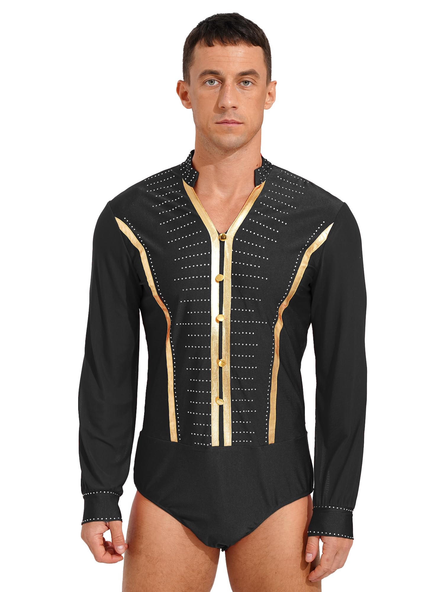 Men's Latin Ballroom Dance Shirts - V Neck Long Sleeve Tango Rumba Samba Performance Top for Professional & Social Dancing (Stage, Competition, Practice)