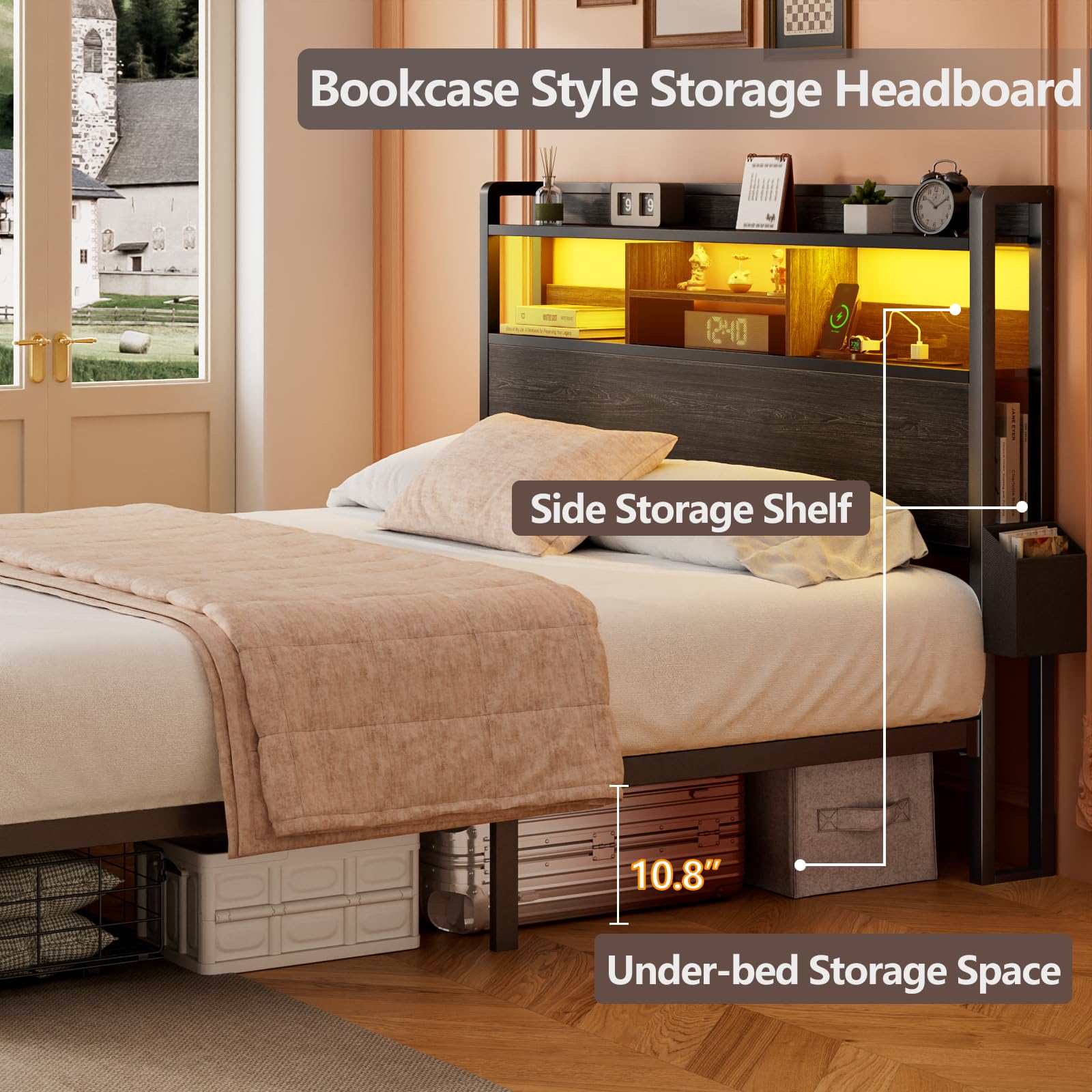 Full Size Bed Frame with Wood Headboard & Storage Drawers - Sturdy Metal Platform Bed with LED Lights, USB Charging Station & Shelf - No Box Spring Needed, Noise Free, Black - Perfect for Small Spaces, Dorms & Modern Bedrooms