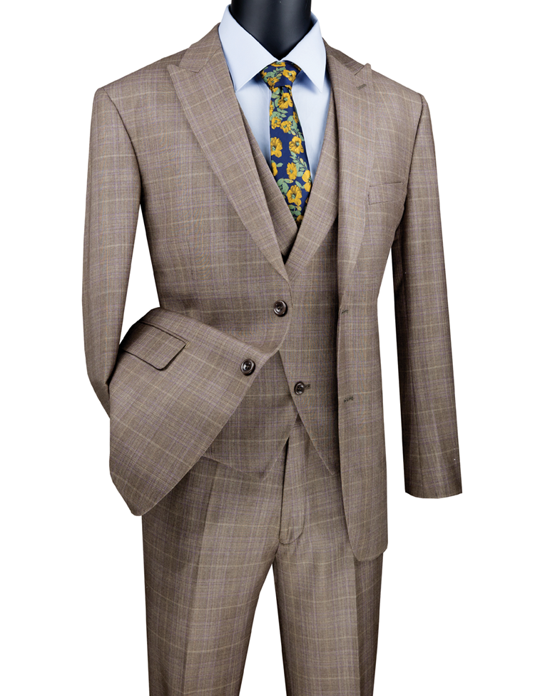 Modern Fit Windowpane 3-Piece Suit in Tan | Premium Business & Wedding Attire for Men | Office, Formal Events & Special Occasions