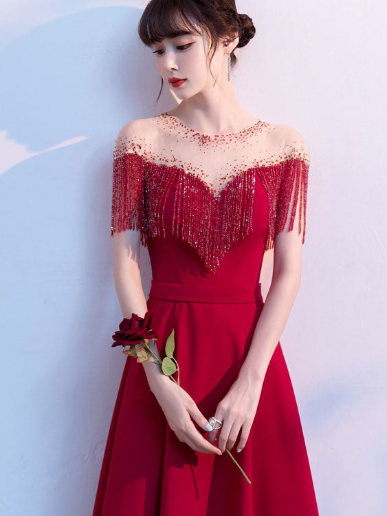 Elegant Red and Black Beaded Tassel A-Line Formal Dress for Prom, Evening Gala & Special Occasions