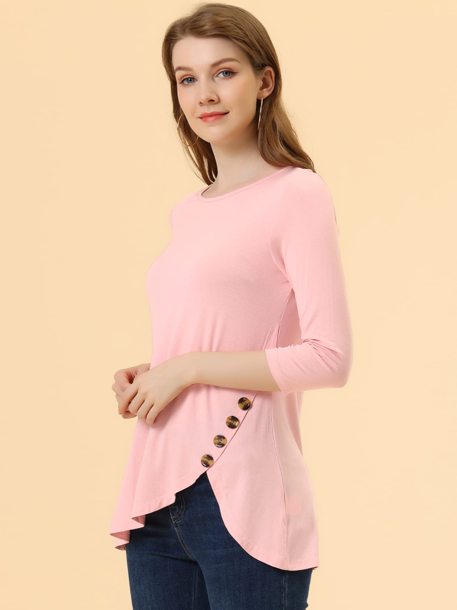 Allegra K Women's Loose Asymmetrical Hem Tunic T-Shirt - 3/4 Sleeve Round Neck Casual Top for Spring 2025 | Perfect for Everyday Wear, Office Outfits & Weekend Relaxation