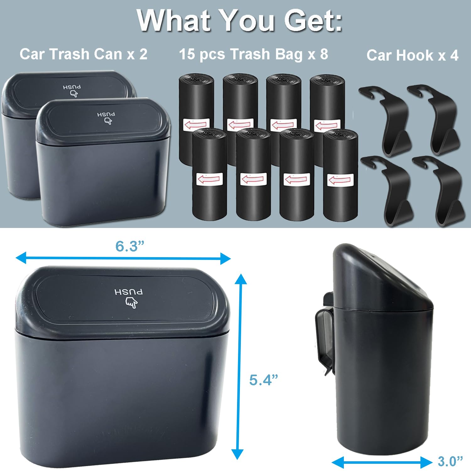 2 Pack Car Trash Can with Lid - Includes 120 Trash Bags & 4 Car Hooks | Mini Car Garbage Bin & Organizer for Car, Office & Home | Perfect for Road Trips, Commuting & Keeping Vehicles Clean