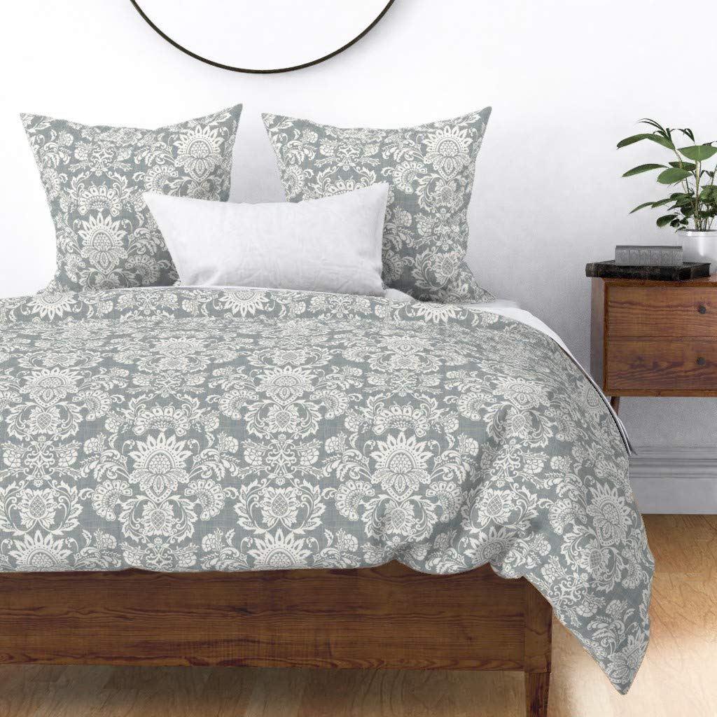 Custom White Flower Damask Leaves Duvet Cover - Full/Queen Size, Gray Monochrome Floral Print on Cotton Sateen Fabric | Modern Neutral Bedding for Master Bedroom, Guest Room & Airbnb