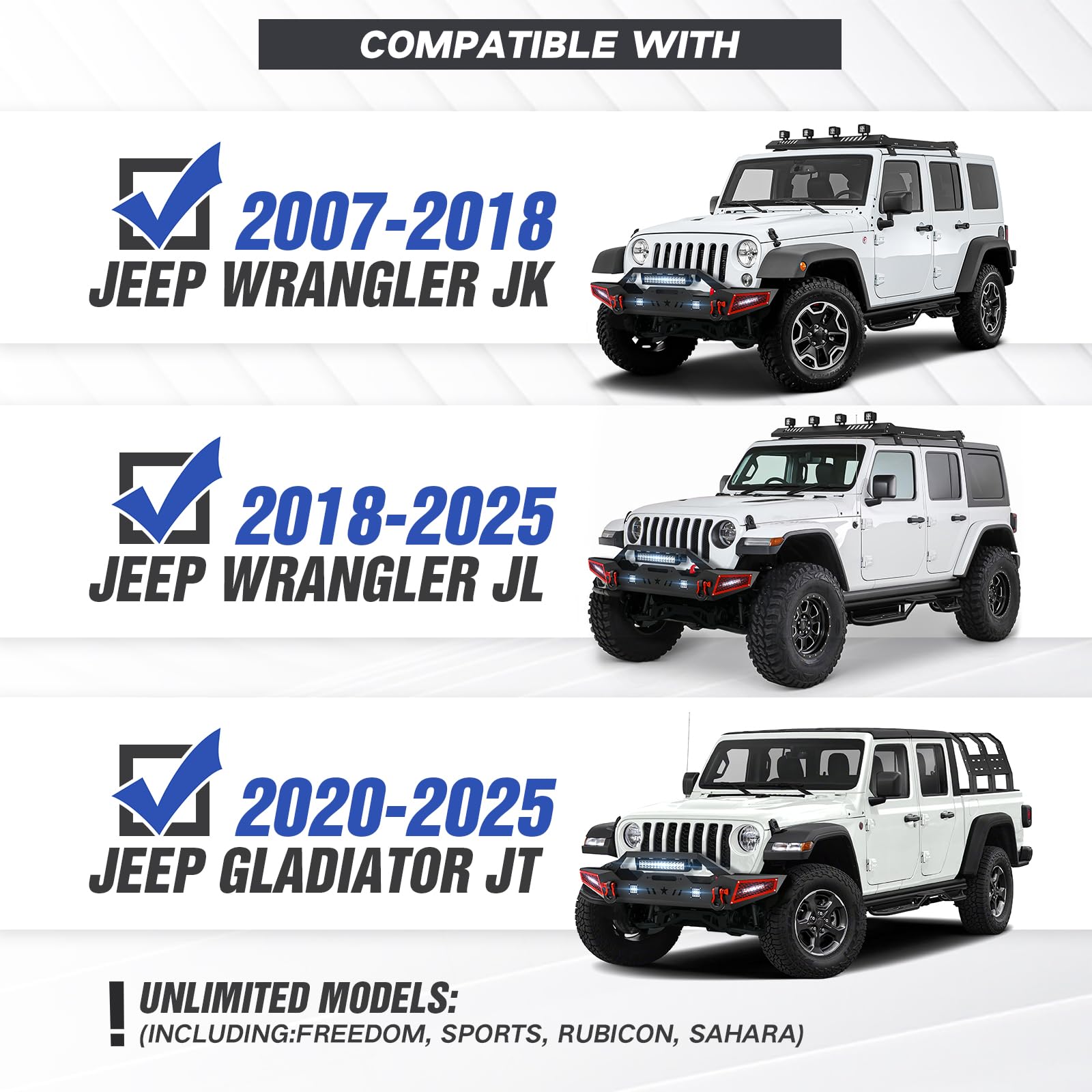 Heavy Duty Front Bumper for 2007-2025 Jeep Wrangler JK JL JKU JLU & Gladiator JT - Winch Ready with 5 LED Lights, Paintable Armor & D-Rings | Off-Road Adventure & Trail Protection