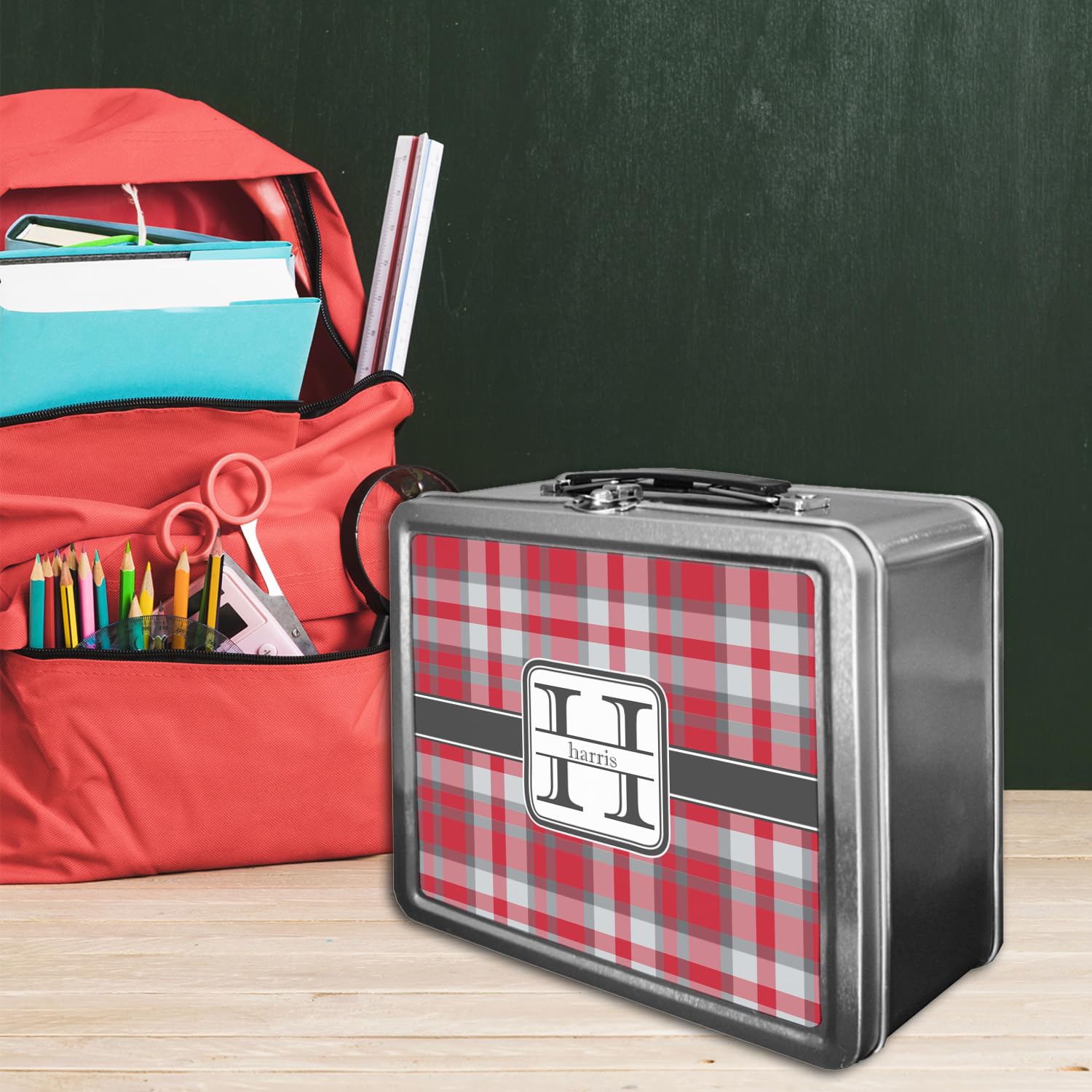 Personalized Red & Gray Plaid Insulated Lunch Box for Work, School & Picnics - Leakproof & Durable Food Container