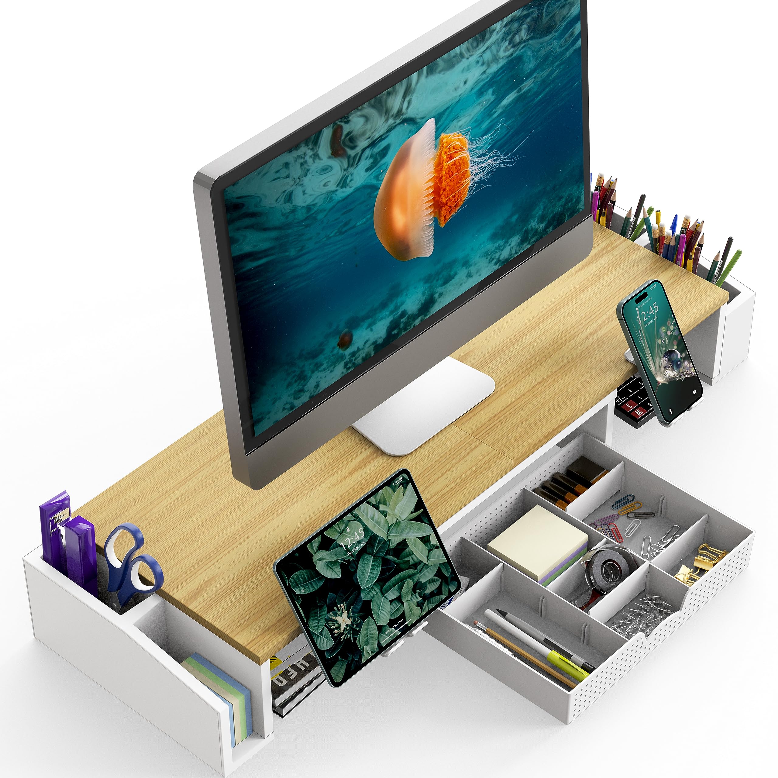 Dual Monitor Stand Riser with Storage Drawer - Solid Oak Wood Desktop Organizer for Home Office, Gaming Setup & Workspace