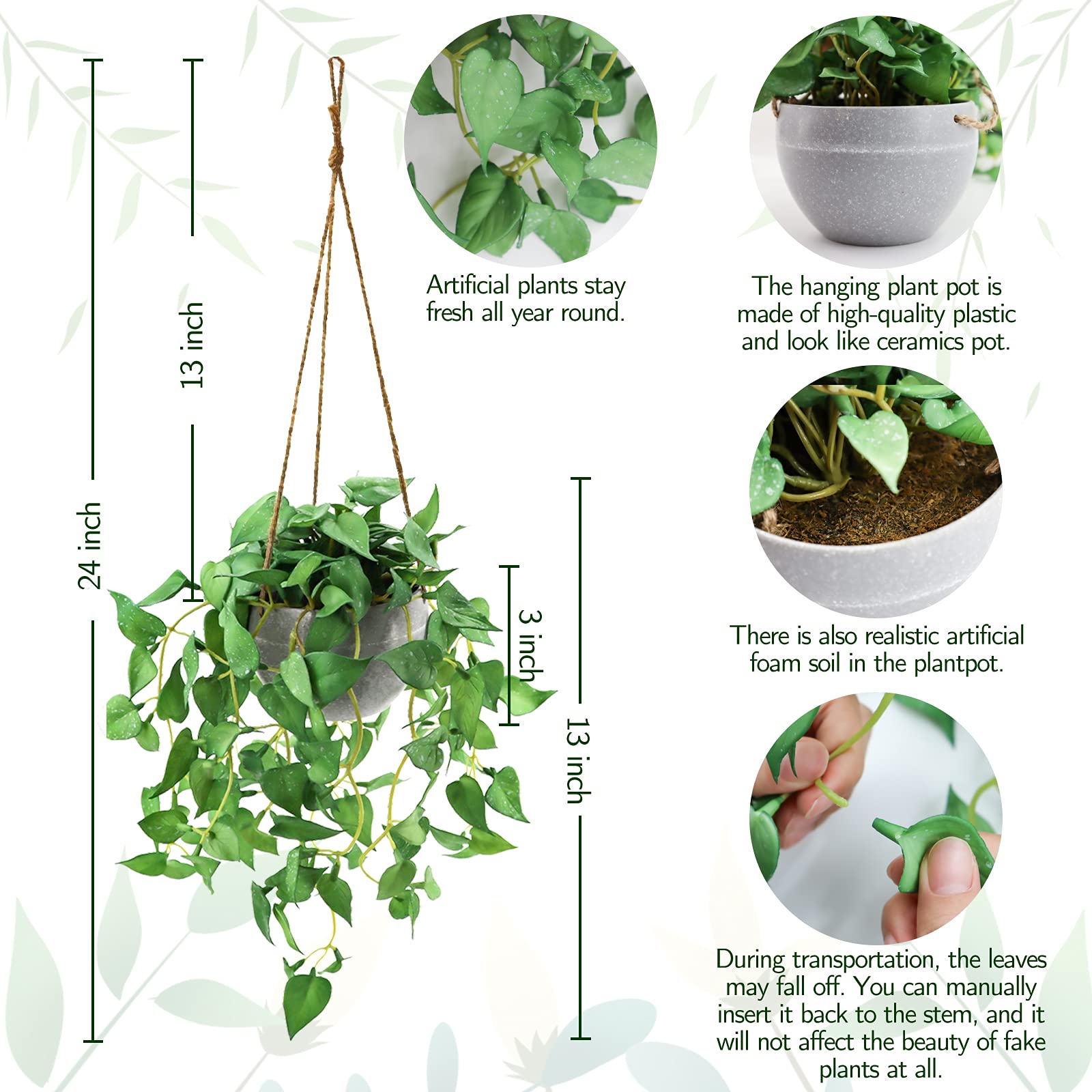 2 Pack Fake Hanging Plants with Pots - Artificial Anthurium Leaf Hanging Basket for Wall Decor - Indoor/Outdoor Home, Office, Patio & Garden Decoration