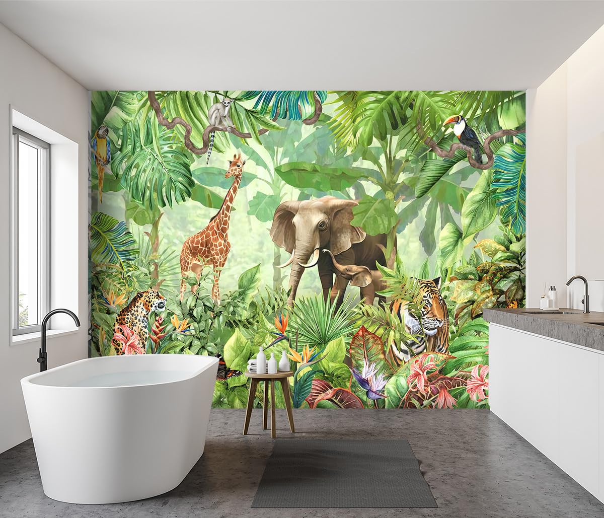 Green Rainforest Jungle Wallpaper with Tiger & Banana Leaves - 137