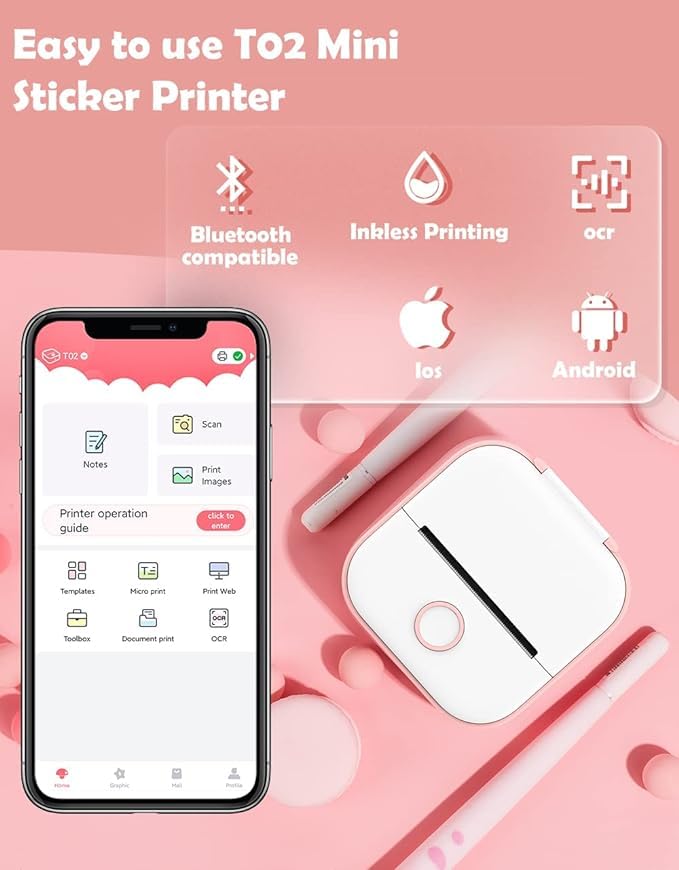 Mini Portable Sticker Printer - Bluetooth Thermal Photo Sticker Maker Machine with 3 Rolls Sticky Paper for DIY Crafts, Scrapbooking & Labeling (White) - Perfect for Home, Office & School Use