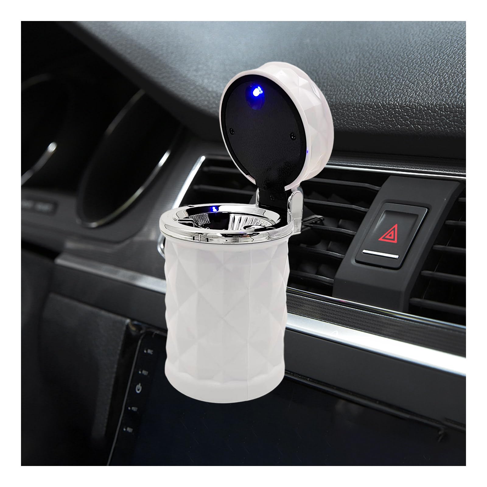 Portable Car Ashtray with Lid - Smokeless Stainless Steel Ash Tray with Blue LED Light | Mini Car Trash Can & Cup Holder Organizer | Universal Vehicle Interior Accessories for Travel, Camping & Road Trips (White)