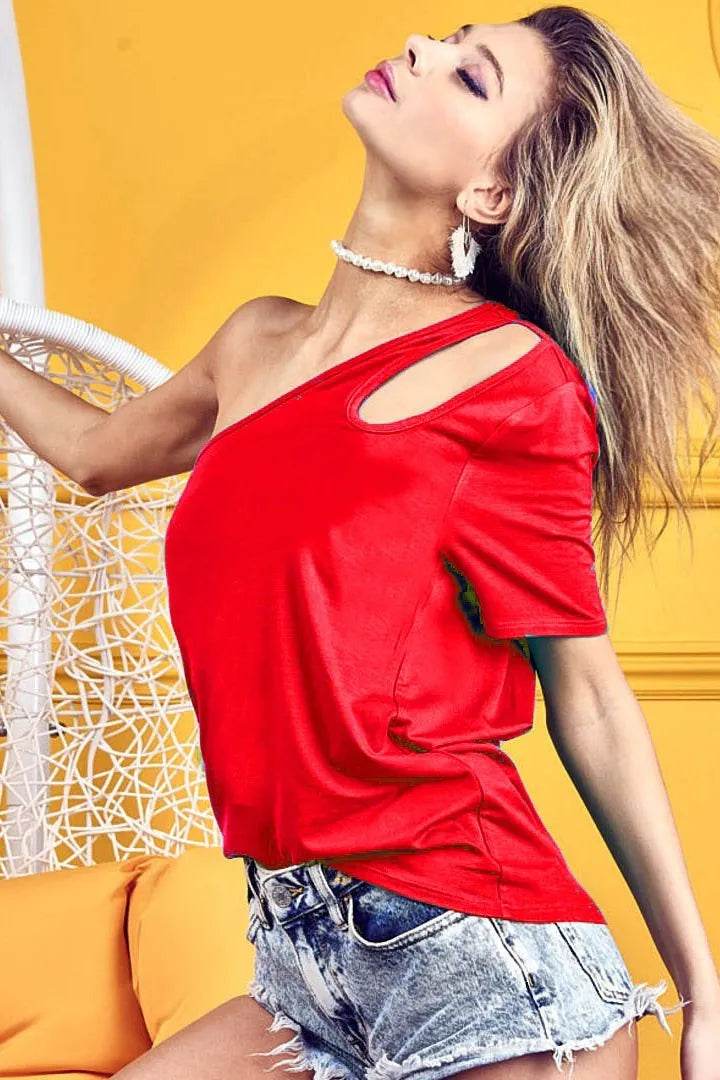 BiBi Cut Out Detailed One Shoulder Top - Sexy Women's Fashion Blouse for Night Out, Party, or Date Night