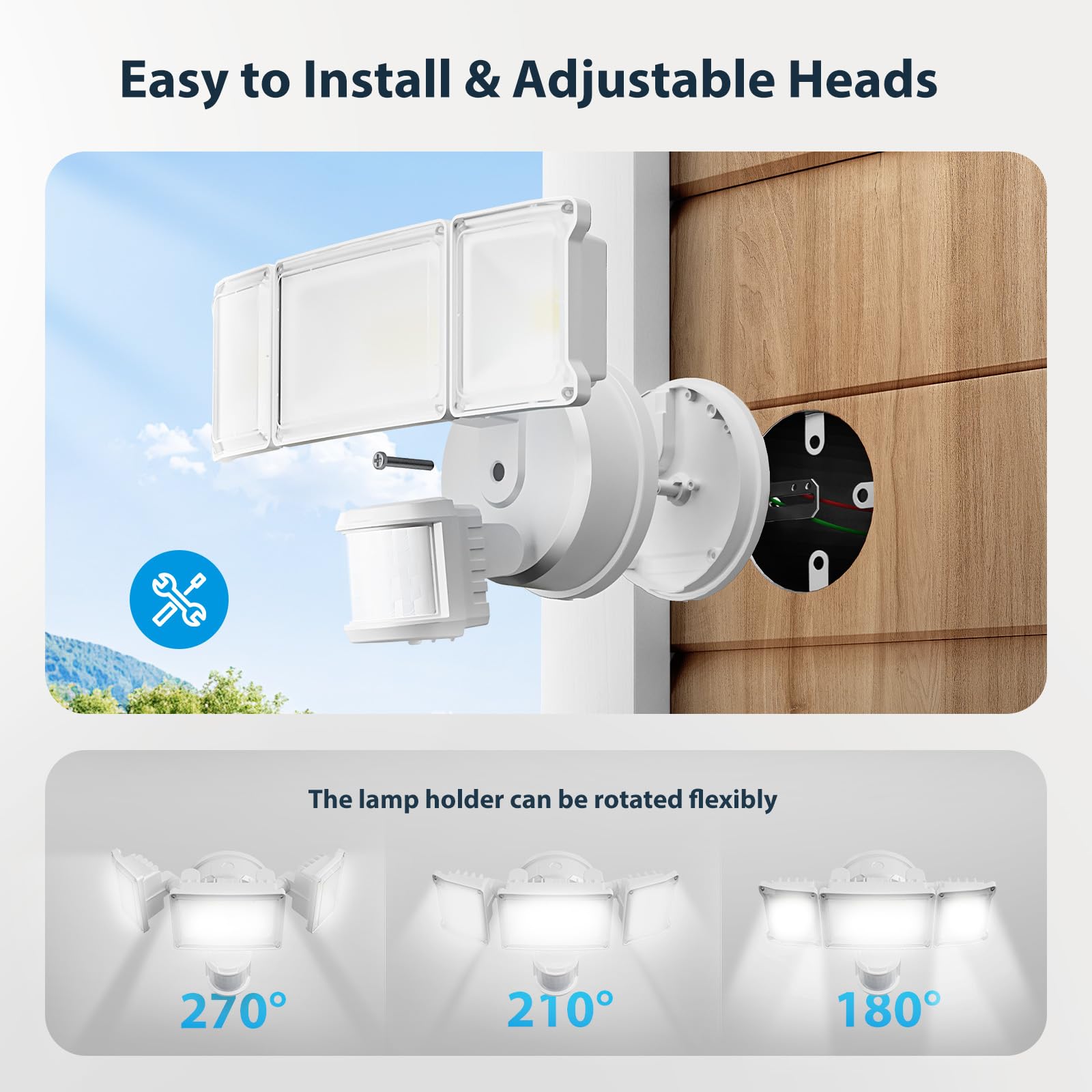 75W Motion Sensor Outdoor Security Lights - 3 Head 6500K IP65 Waterproof Flood Lights (7500LM) for Yard, Garage, Porch - Dusk to Dawn Motion Detection with Bright Illumination for Enhanced Safety and Convenience