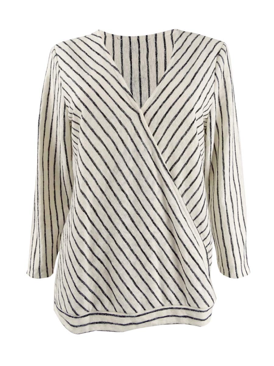 INC Striped Surplice Top for Women - Bright White, Size Medium - Flowy Casual & Office Blouse for Summer Outfits