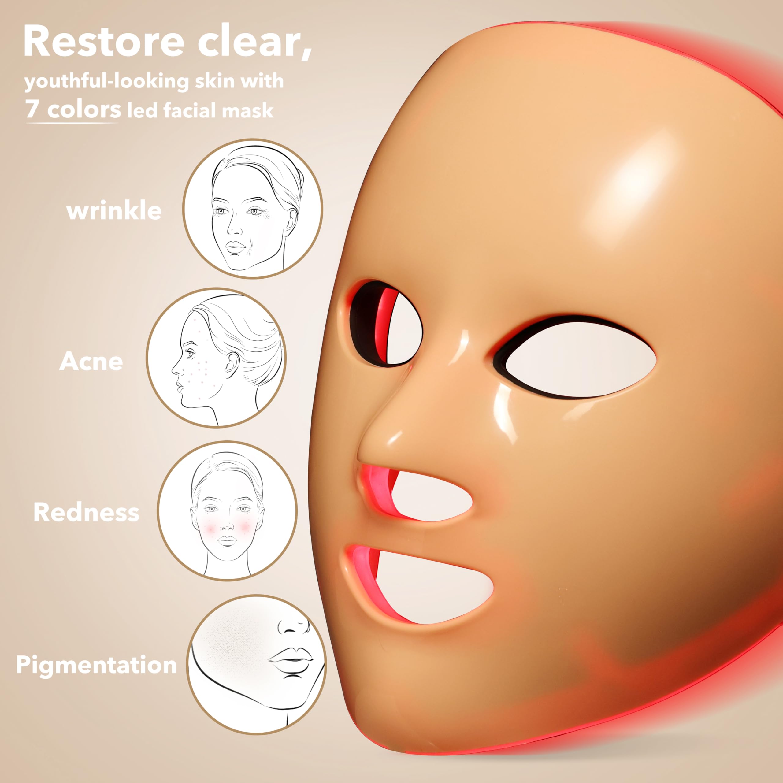 NEWKEY Red Light Therapy Mask for Face Wrinkles & Anti-Aging - 7 Color LED Photon Light Therapy Facial Mask with Adjustable Strap - 20 Minute Treatment for Skin Rejuvenation - Perfect for Home Spa & Skincare Routine