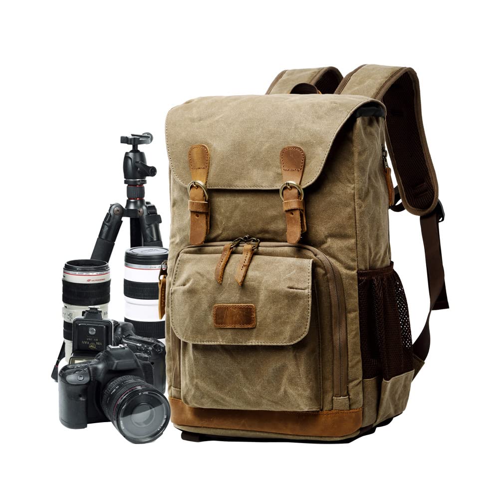YUHAN Waterproof Canvas DSLR Camera Backpack - Large Capacity Anti-Shock SLR/DSLR Travel Bag with Front Open Access & Lens Organizer (Khaki) - Perfect for Photography Trips, Hiking & Outdoor Adventures
