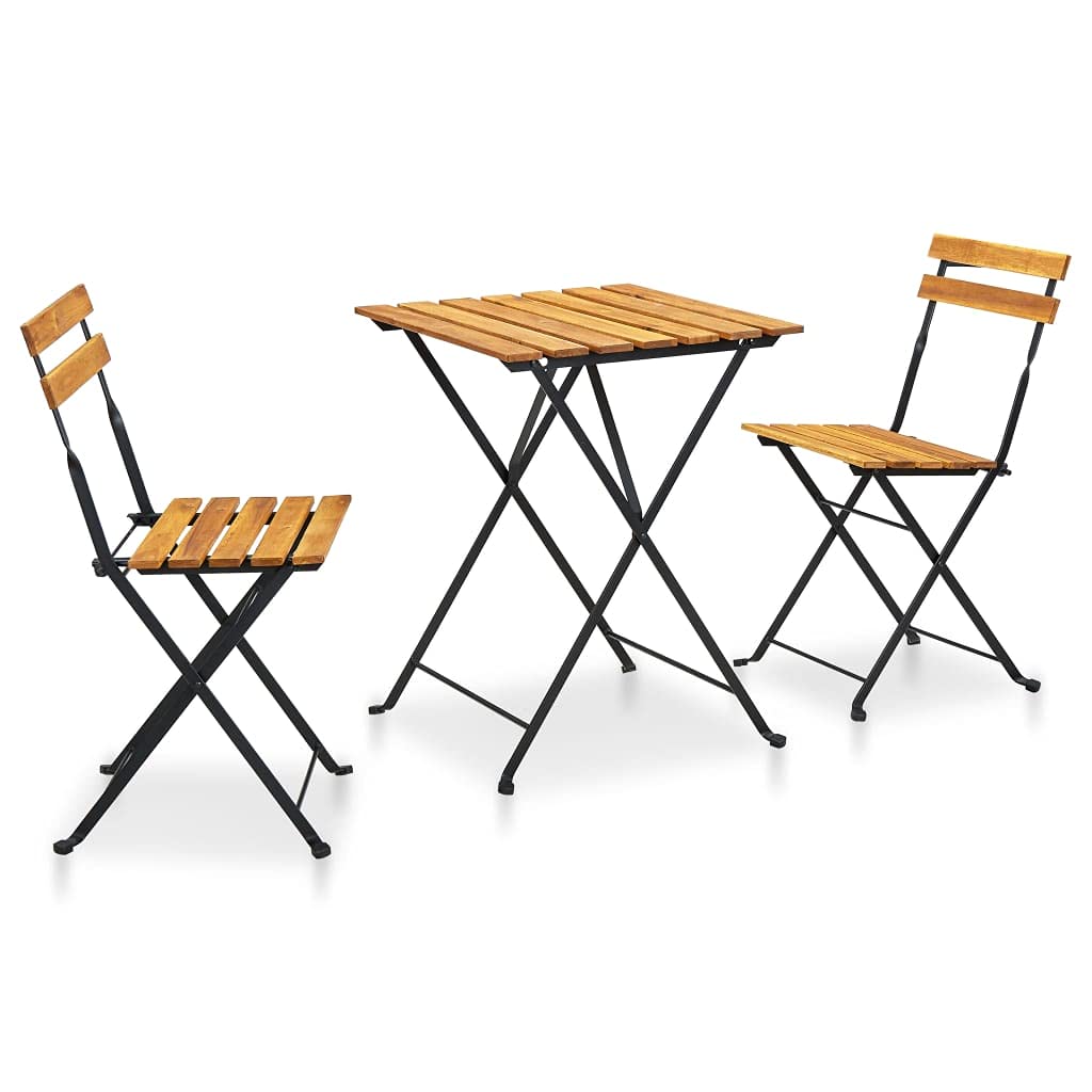 Solid Acacia Wood 3-Piece Folding Bistro Set with Chairs & Table - Powder-Coated Steel Frame Patio Furniture for Garden, Backyard, Poolside & Terrace | Outdoor Dining & Relaxation