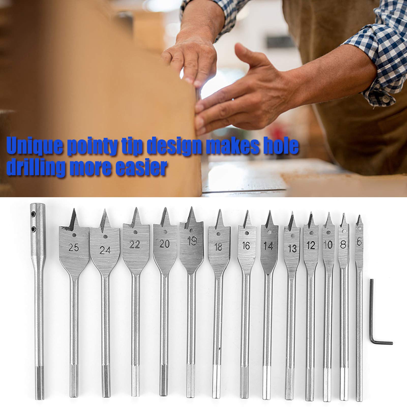 15pcs Carbon Steel Hex Shank Spade Flat Wood Drill Bit Set (6-25mm) - High Performance Woodworking Hole Saw for Power Tools | Perfect for DIY Projects, Furniture Making & Carpentry Work