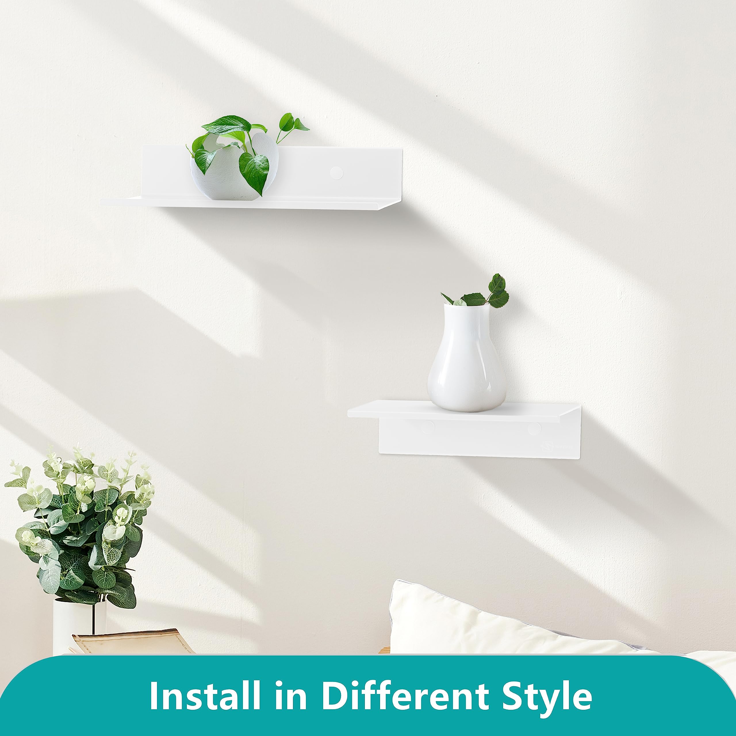 Z Metnal Floating Wall Shelves - 2 Pack White Aluminum Bathroom Storage Shelves (20 Inch) - Perfect for Bathroom Organization, Kitchen Storage & Home Decor