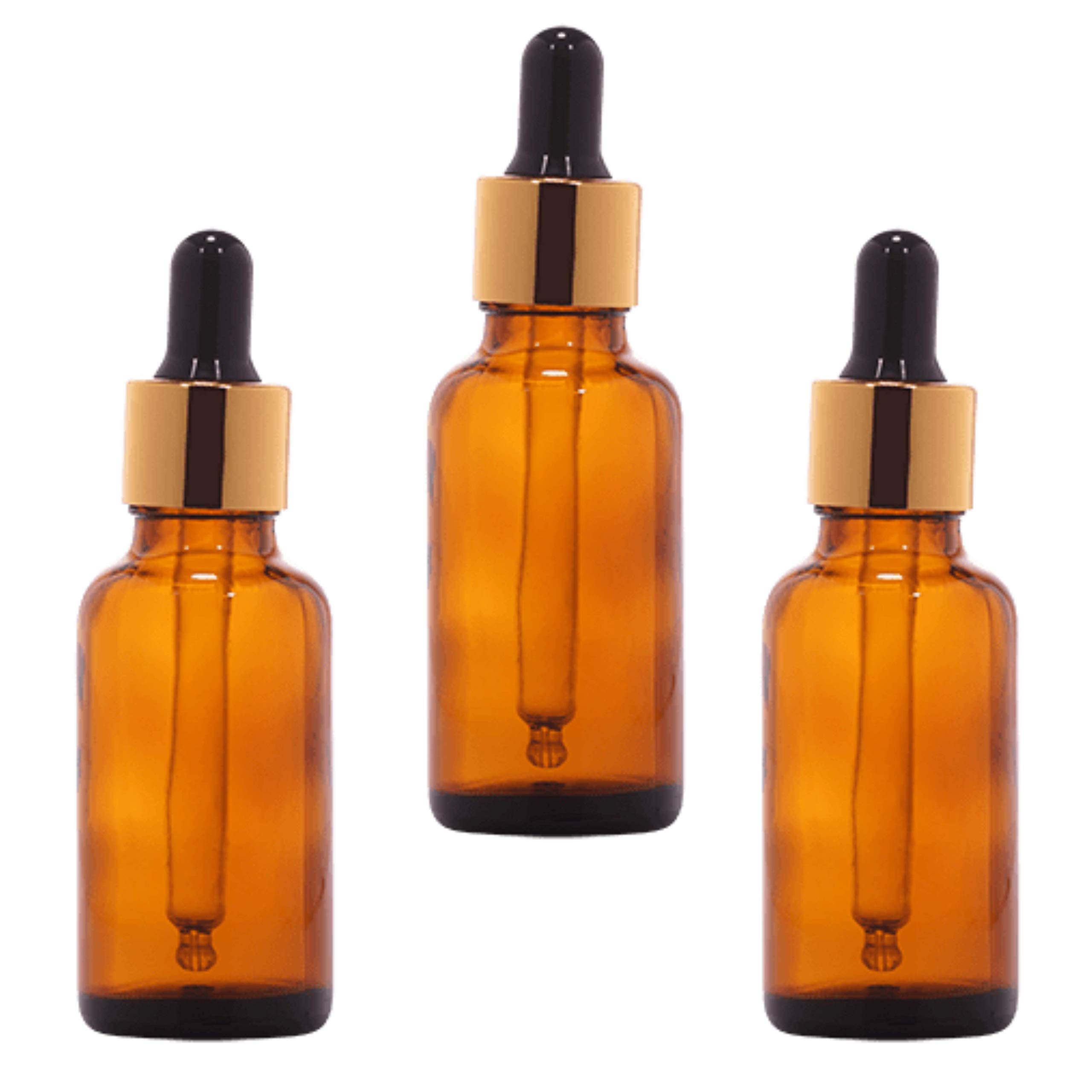 Premium 30ml Amber Glass Dropper Bottles (3-Pack) - Gold Ring & Black Silicone Cap - Essential Oil Storage, DIY Perfume, Cosmetic & Beauty Product Containers - Perfect for Aromatherapy, Travel & Home Use