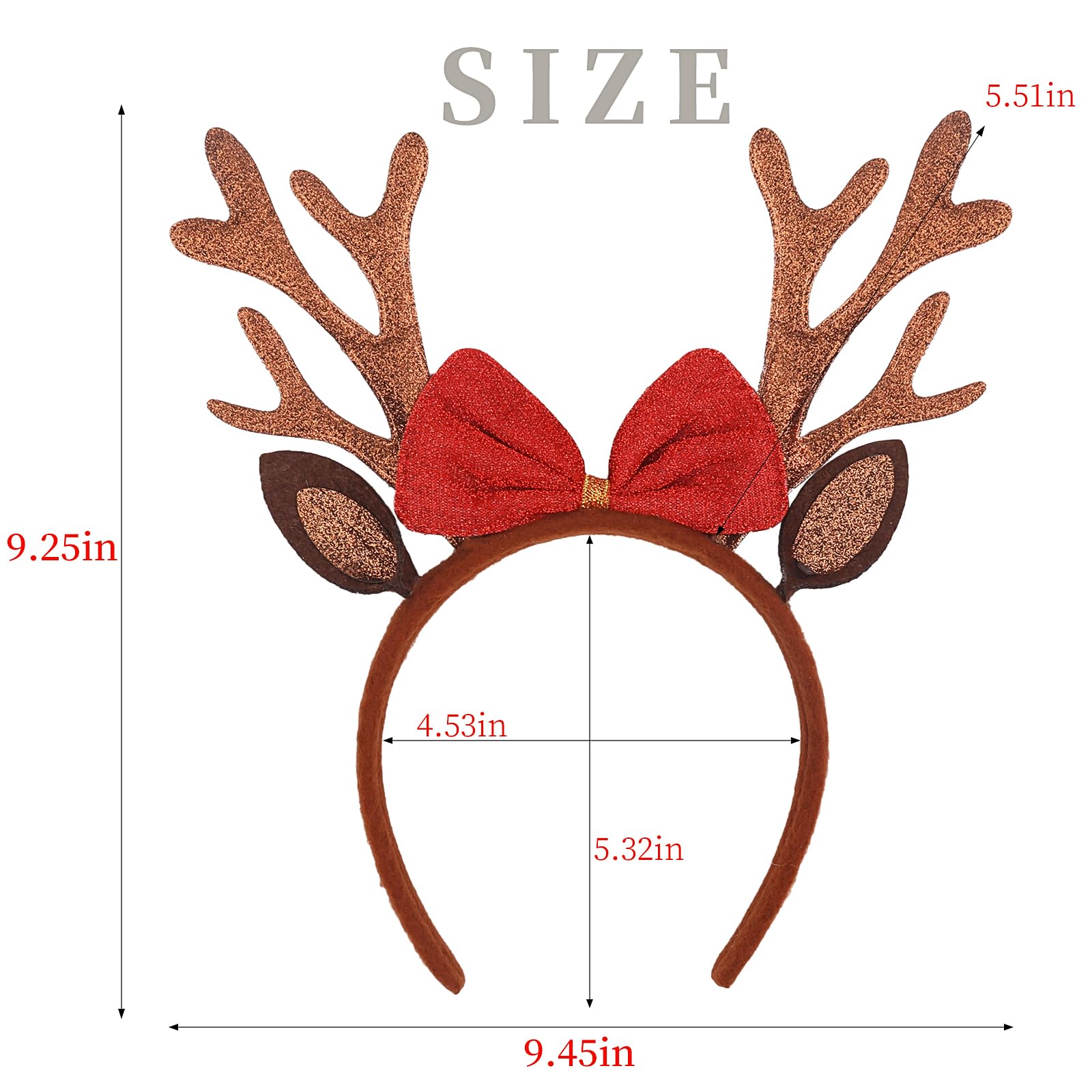 QDTK Brown Reindeer Antlers Headband for Women & Girls - Sparkling Sequined Glitter Deer Ears with Bow Hair Accessories | Christmas Holiday Party Costume, Xmas Photo Props, Festive Outfit Decoration