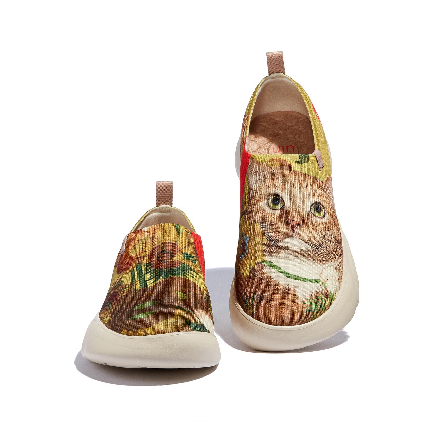 UIN x FatCatArt Women's Fashion Sneakers - Lightweight Slip-On Walking Shoes with Sunflower & Cat Design | Size 9.5 | Perfect for Travel, Casual Wear & Art Lovers