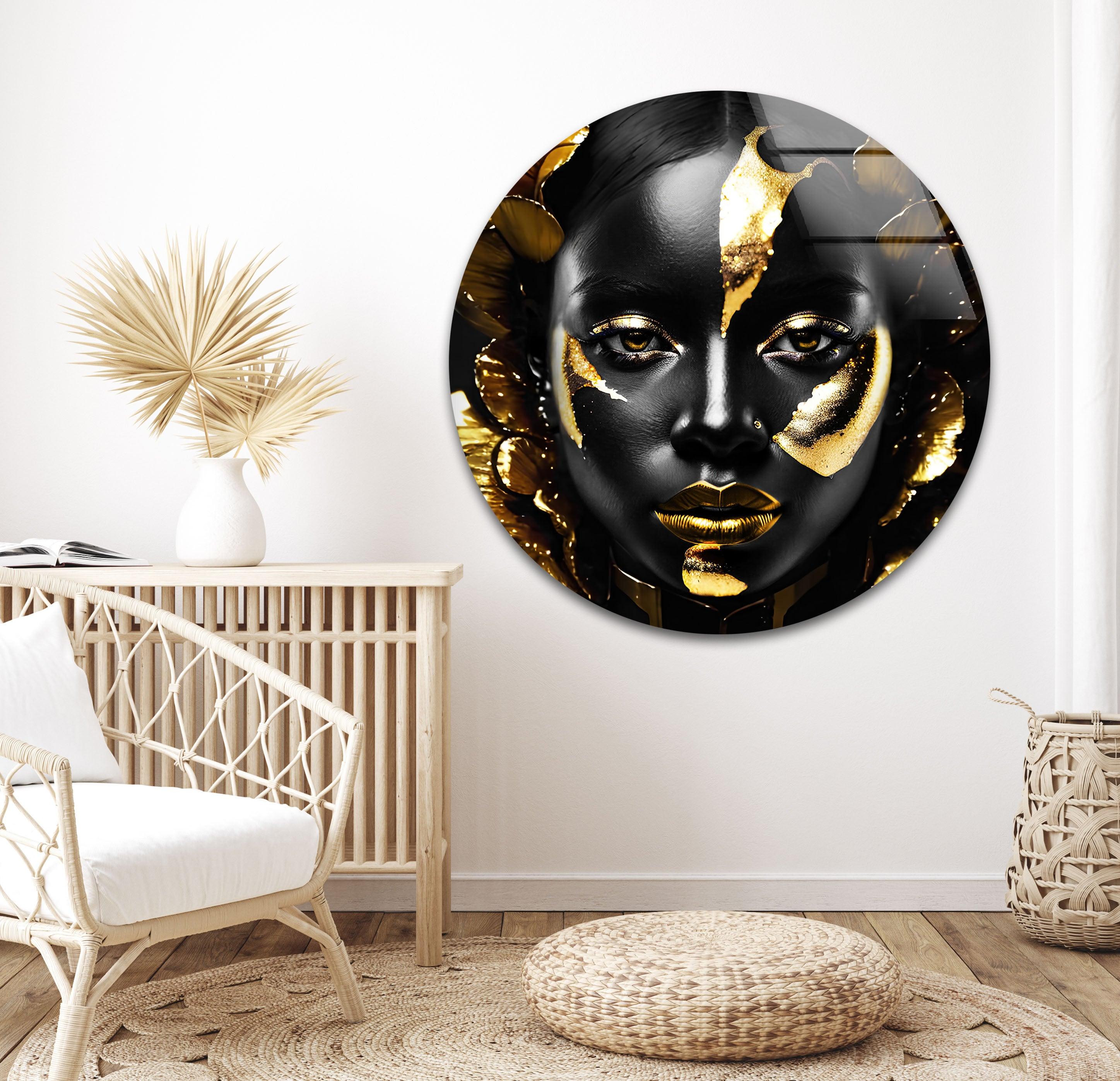 Elegant Black Woman Gold Face Glass Wall Art - Modern Home Decor for Living Room, Bedroom & Office